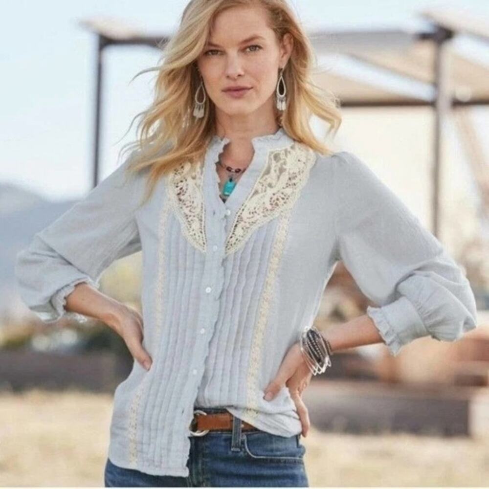 SUNDANCE | Blue Lace Neck Pintuck Ruffle Trim Button Up Blouse Western Boho M.